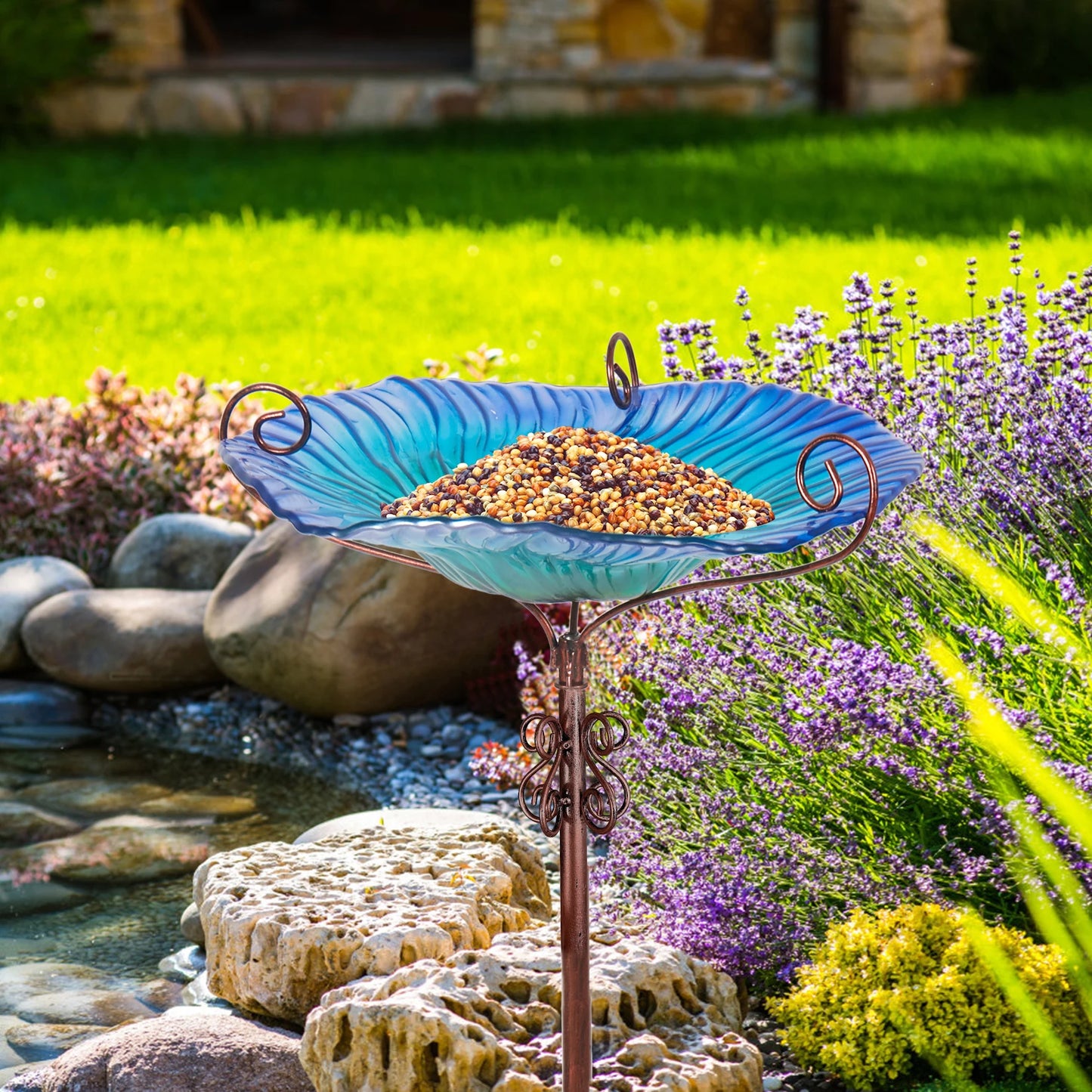 Glass Bird Bath with Stake for Yard Garden, 4-Prong Freestanding Bowl, Outdoor Fountain