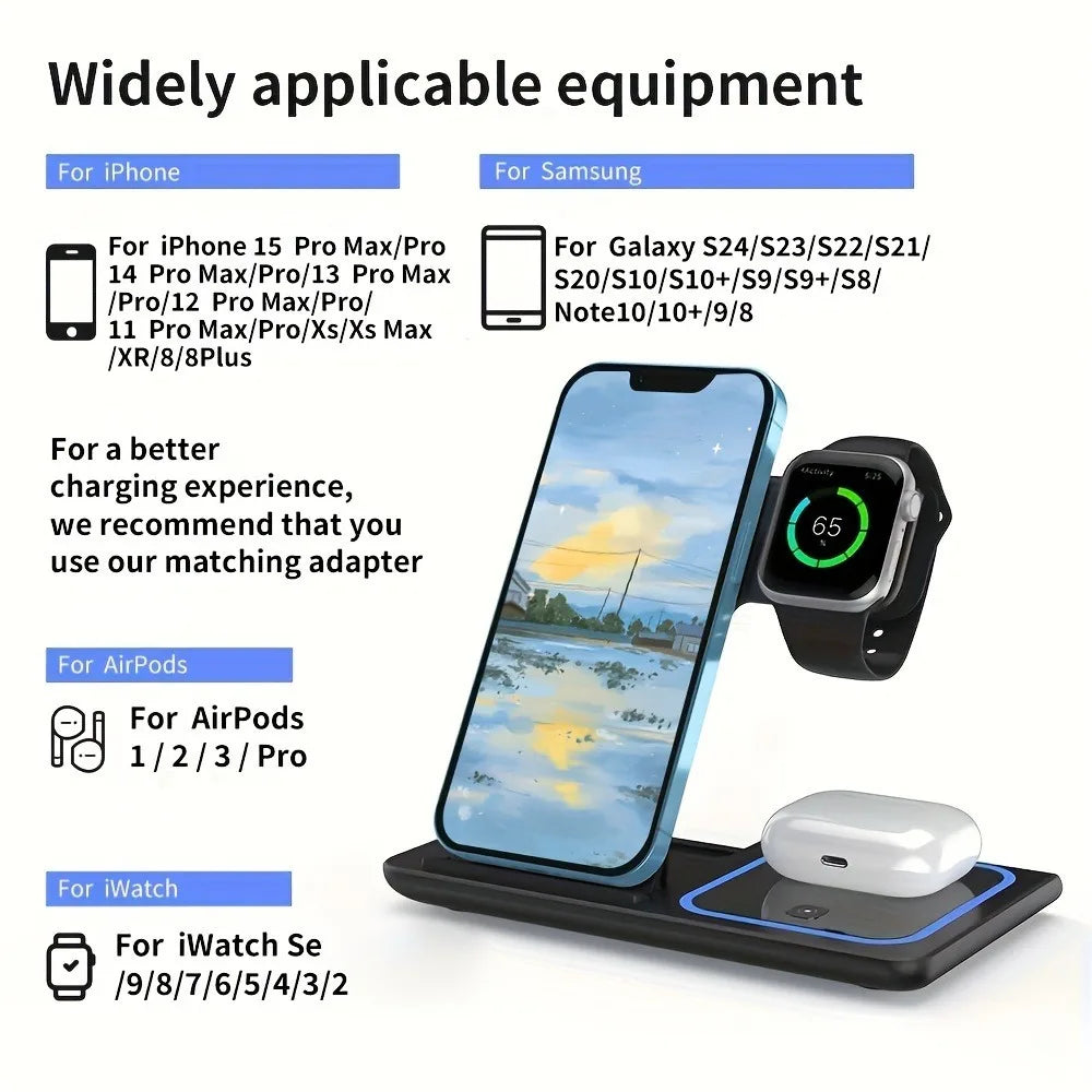 30W LED Fast  3 in 1 Foldable Charging Station For iPhone 15 14 13 12 11 Apple Watch 9 8 7 6 5 AirpodsX455