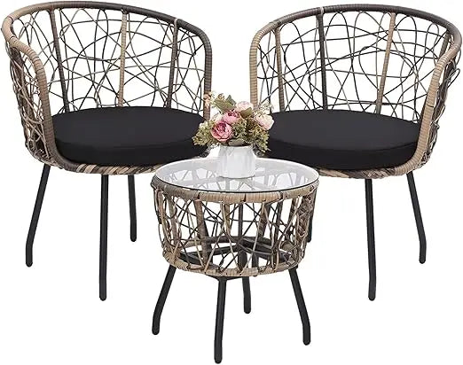 Boho 3 Piece Bistro Set, Modern Outdoor Wicker Patio Furniture with Tempered Glass Table Top and 2 Chairs, Washable Cushions, B