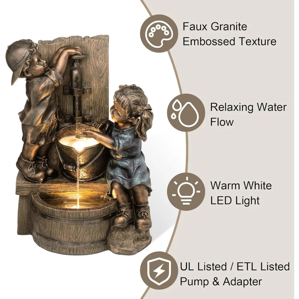 Outdoor Water Fountain with LED Light, Children Playing with Faucet Waterfall Fountains, Antique Bronze Resin