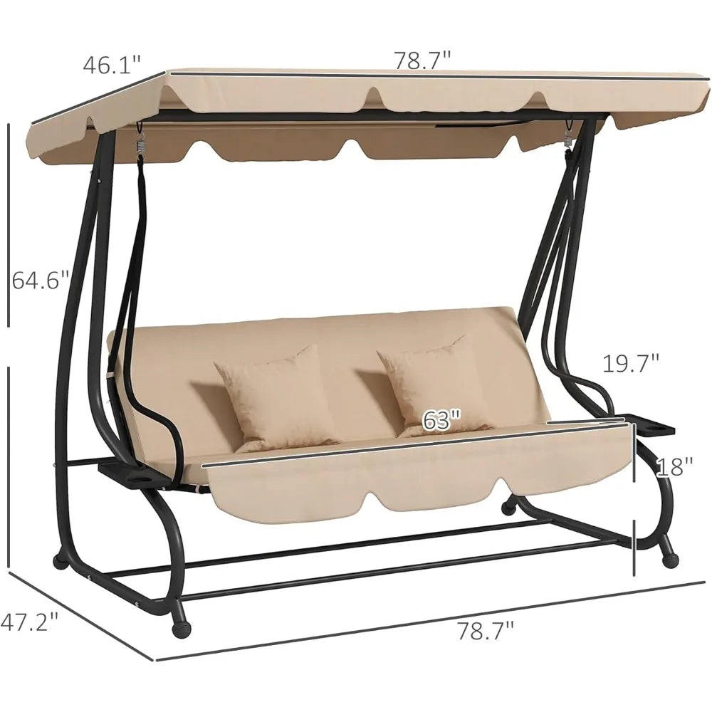 3-Seat Outdoor Patio Swing Chair, Converting Flatbed, Outdoor Swing Glider with Adjustable Canopy, Removable Cushion and Pillow