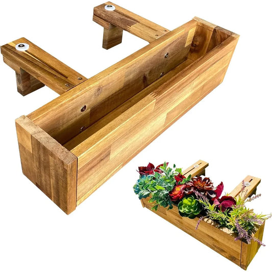 Acacia Wood Railing Planter Box, Outdoor Hanging Flower, Plant, & Herb Boxes, 20-Inch Wide x 5-Inch Tall x 4.5-Inch Deep Rectang