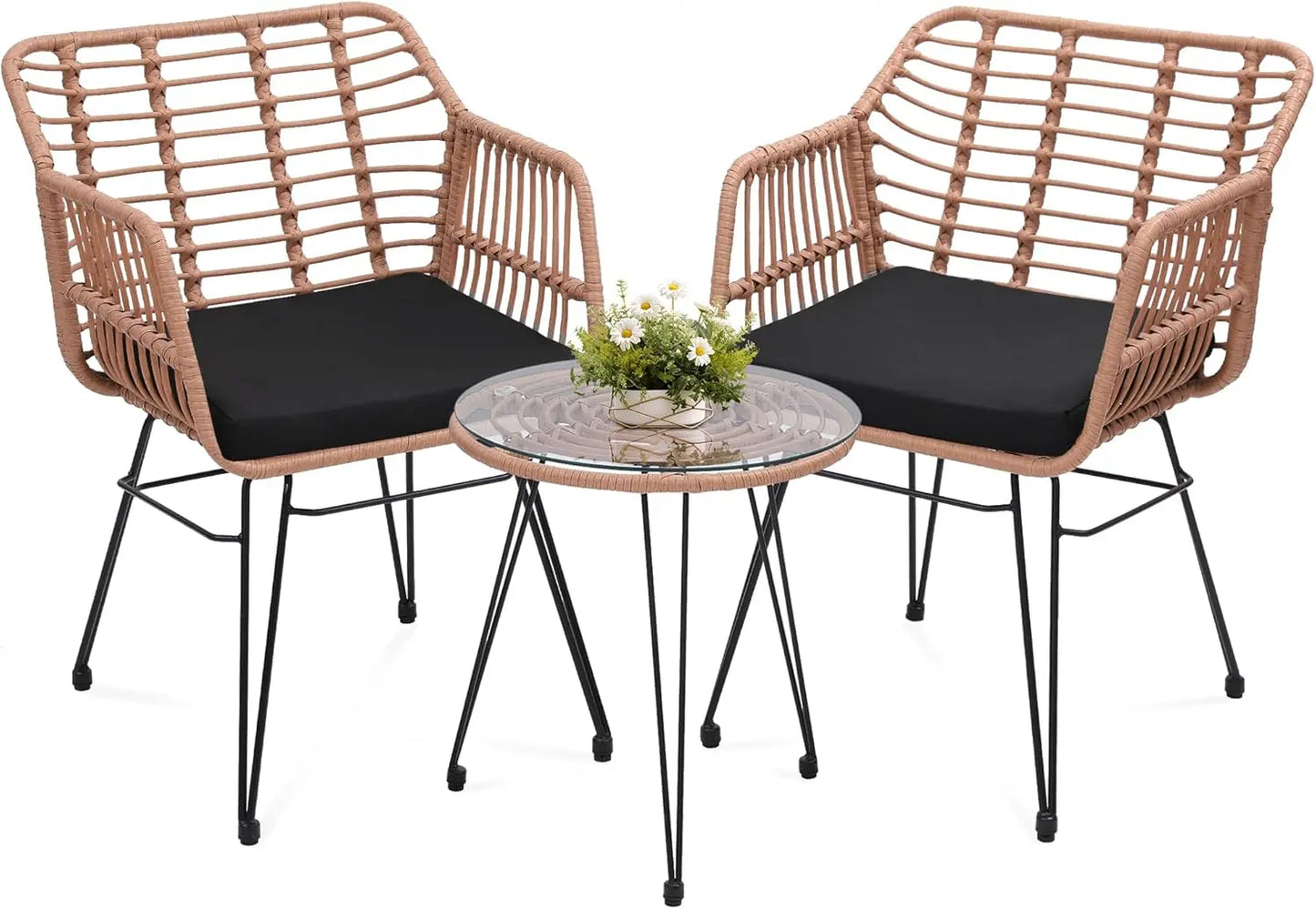 3 Piece Wicker Patio Bistro Furniture Set, Includes 2 Rattan Chairs and Glass Top Table