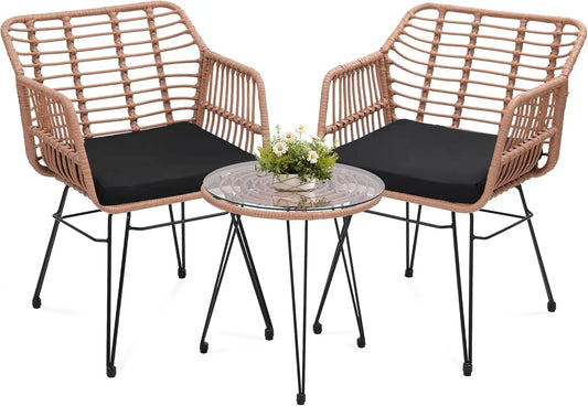 3 Piece Wicker Patio Bistro Furniture Set, Includes 2 Rattan Chairs and Glass Top Table