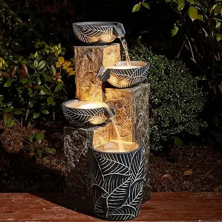 Outdoor Water Fountain with LED Light, Children Playing with Faucet Waterfall Fountains, Antique Bronze Resin