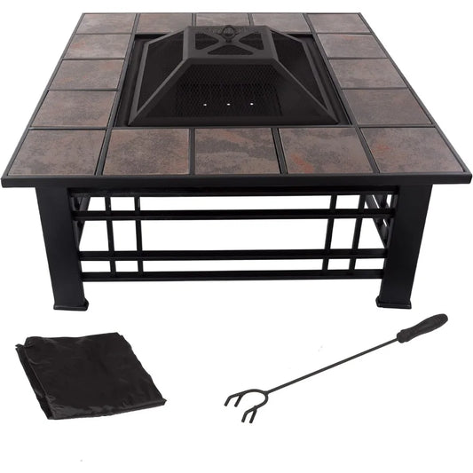 Fire Pit Set, Log Poker - Great for Outdoor and Patio, 32” Square Tile