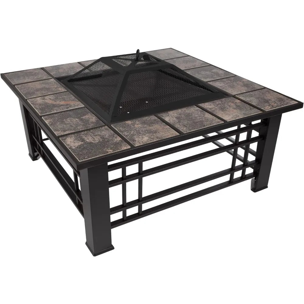 Fire Pit Set, Log Poker - Great for Outdoor and Patio, 32” Square Tile