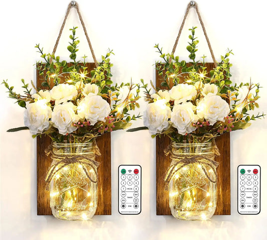 Lightess Mason Jar Wall Sconce with Flower Wood Decoration LED Fairy Lights Rustic Wall Lamp