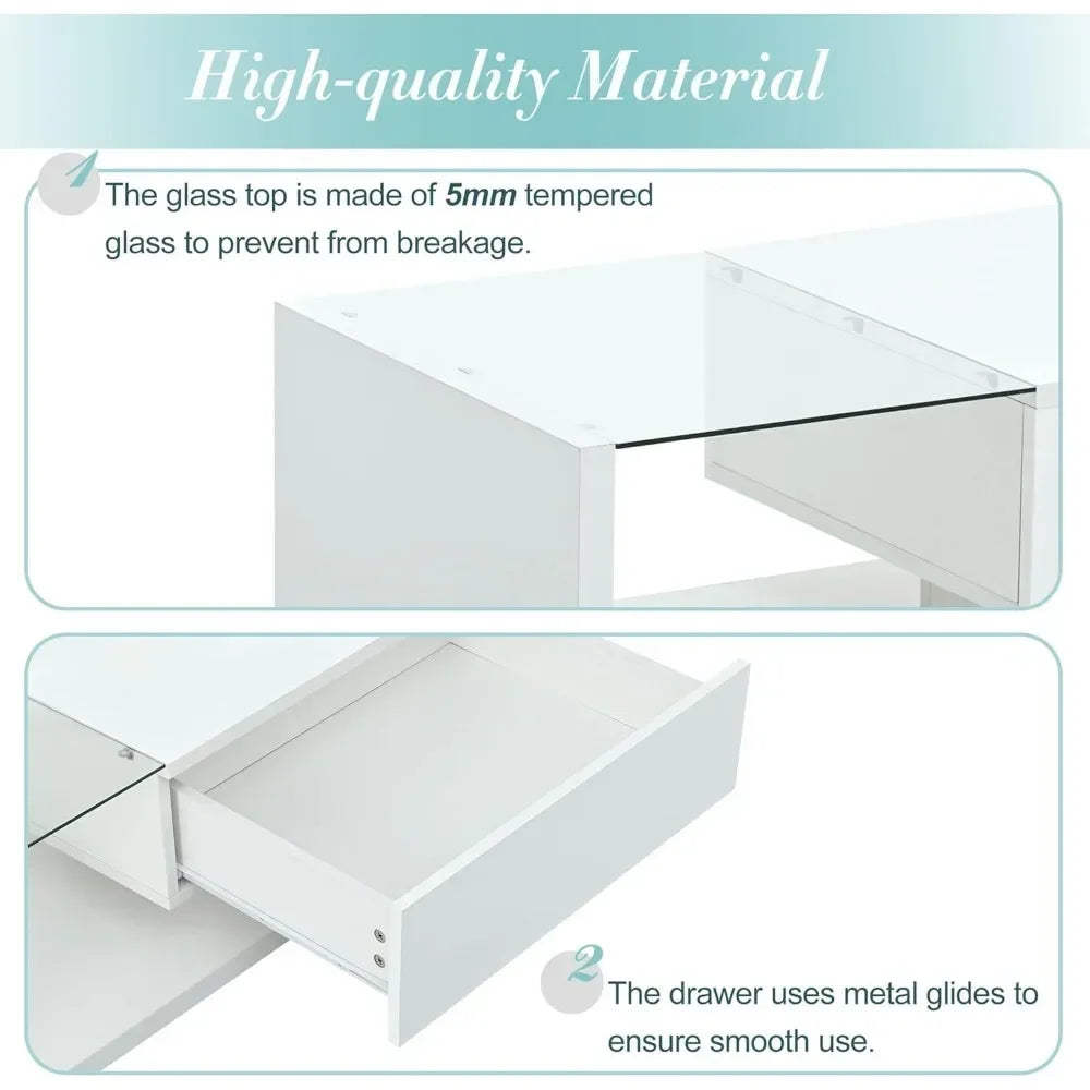 Coffee Table with Tempered Glass, Cocktail Table with High-Gloss UV Surface, Modernist 2-Tier Center Table for Living Room