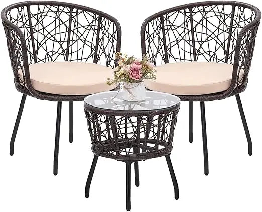 Boho 3 Piece Bistro Set, Modern Outdoor Wicker Patio Furniture with Tempered Glass Table Top and 2 Chairs, Washable Cushions, B