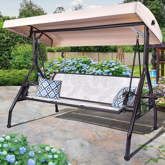 3 Person Patio Swing  for Adults, with Adjustable Canopy &Upgraded Cup Holders,Textilene Fabric Porch Swing Chair
