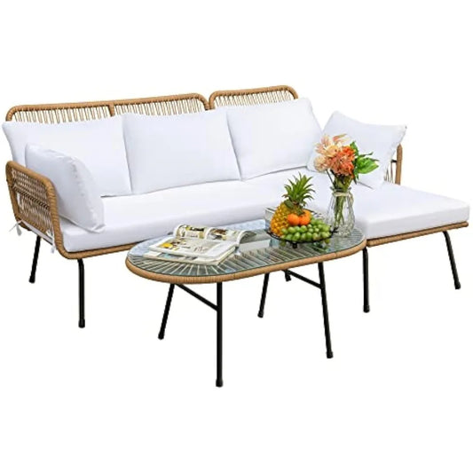 Outdoor Patio Furniture Set,  Sectional  Rope Woven L-Shaped Sofa Set with Patio Table and Thick Cushions