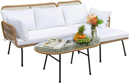 Outdoor Patio Furniture Set,  Sectional  Rope Woven L-Shaped Sofa Set with Patio Table and Thick Cushions