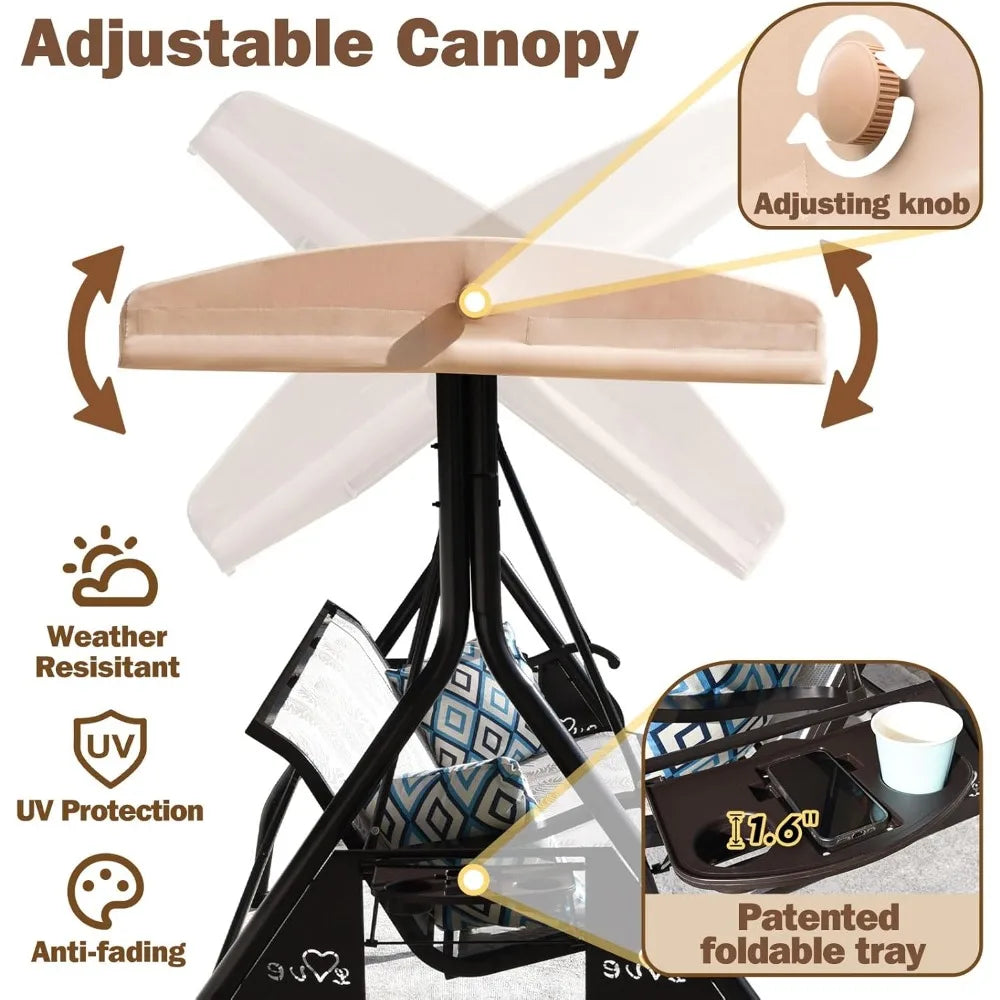 3 Person Patio Swing  for Adults, with Adjustable Canopy &Upgraded Cup Holders,Textilene Fabric Porch Swing Chair