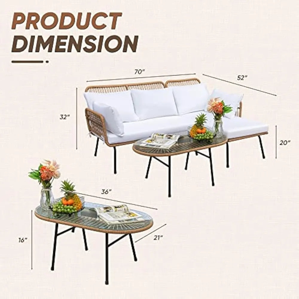 Outdoor Patio Furniture Set,  Sectional  Rope Woven L-Shaped Sofa Set with Patio Table and Thick Cushions
