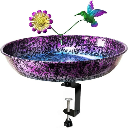 Deck Bird Bath for Outdoors, Colorful Purple/Blue Metal Birdbath Bowl Mounted Garden Bird Bath