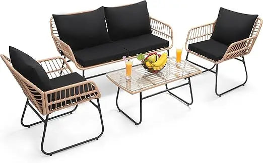 Boho 3 Piece Bistro Set, Modern Outdoor Wicker Patio Furniture with Tempered Glass Table Top and 2 Chairs, Washable Cushions, B