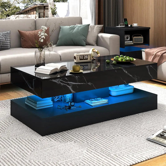 47inch Large High-Glossy LED Coffee Table with 2 Sliding Drawers, Living Room Storage Tables
