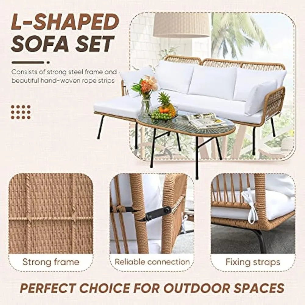 Outdoor Patio Furniture Set,  Sectional  Rope Woven L-Shaped Sofa Set with Patio Table and Thick Cushions