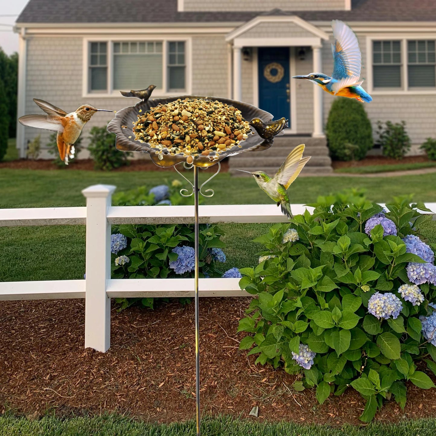 47.5" Metal Leaf-Shaped Bird Feeder Stake, Waterproof Wild Bird Ground Feeder Bowl, Durable Outdoor Lawn Ornament
