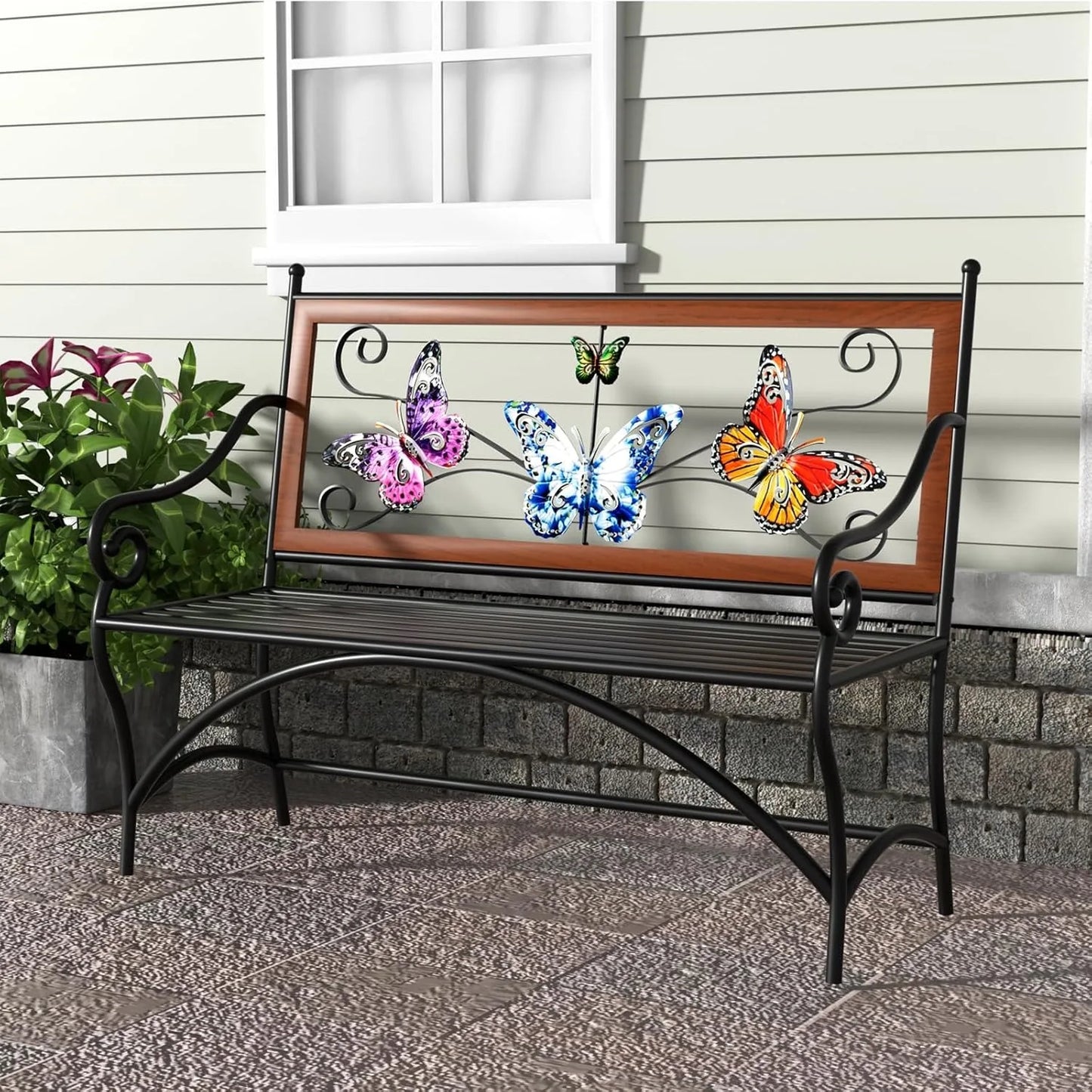 39.7" Outdoor Bench, Garden Bench, Patio Bench with Armrest, Slatted Seat and Butterfly Pattern Backrest for Outside,