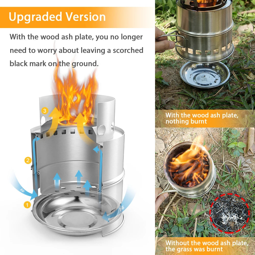 Portable Folding Windproof Wood Burning Stove Compact Stainless Steel Alcohol Stove Outdoor Camping Hiking Backpacking Picnic BB