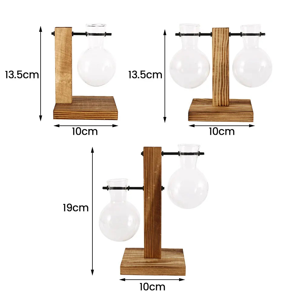 Glass Desktop Planter Bulb Vase Wooden Stand Hydroponic Plant Container Tabletop Decor Vases