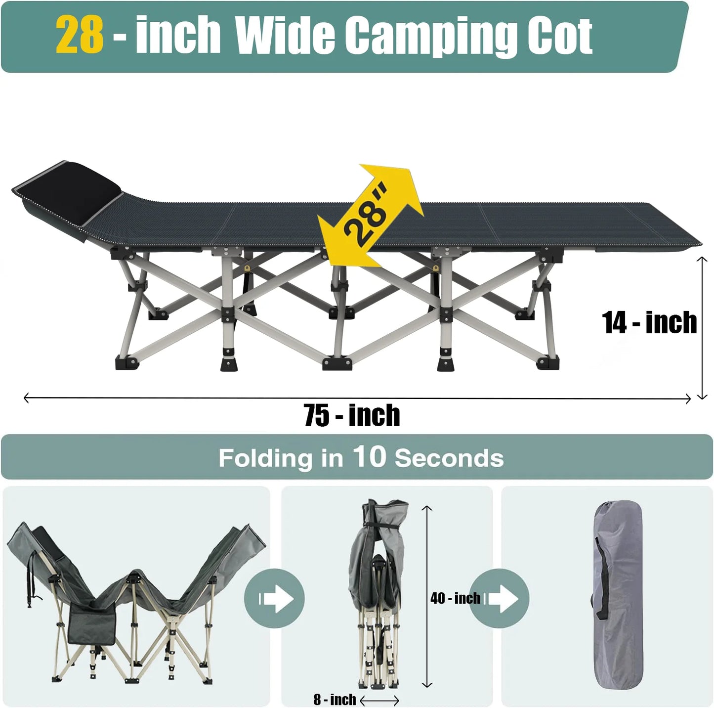 XXL Camping Bed/Camping Cots For Adults, Portable & Foldable Folding Cot Bed With 4" Cozy Mattress, Easy-to-Carry Outdoor Daybed